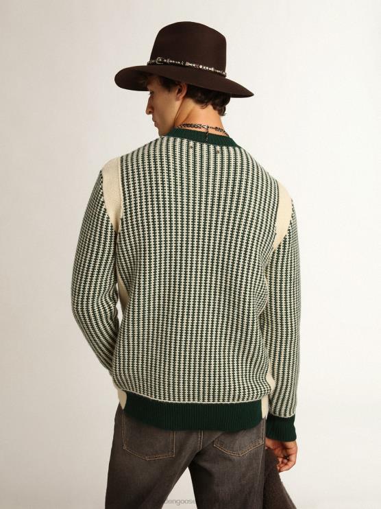 FDVPX749 Golden Goose hombres Jersey de cuello redondo de la colección Journey en lana bicolor blanca y verde.