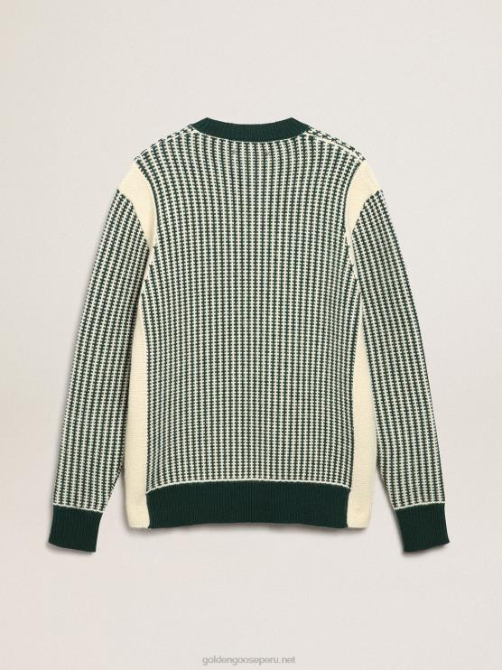 FDVPX749 Golden Goose hombres Jersey de cuello redondo de la colección Journey en lana bicolor blanca y verde.