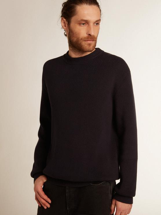 FDVPX757 Golden Goose hombres jersey de cuello redondo de algodón azul oscuro con logo en la espalda