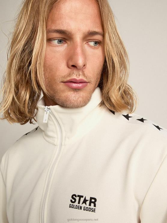 FDVPX762 Golden Goose hombres sudadera blanca con cremallera, franja blanca y estrellas negras