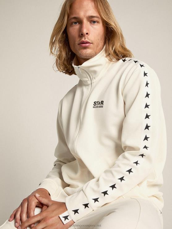 FDVPX762 Golden Goose hombres sudadera blanca con cremallera, franja blanca y estrellas negras