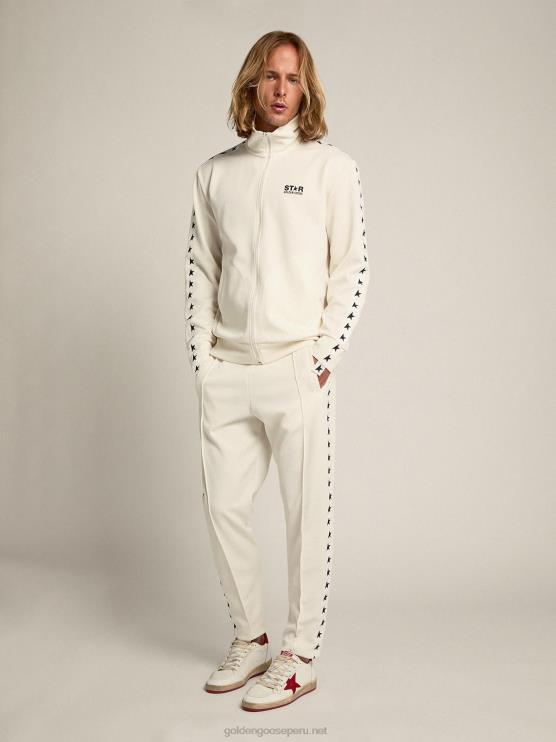 FDVPX762 Golden Goose hombres sudadera blanca con cremallera, franja blanca y estrellas negras