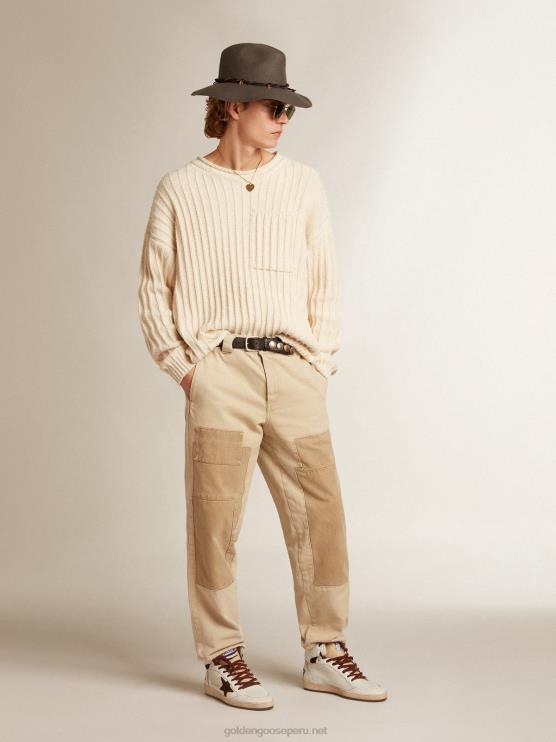 FDVPX792 Golden Goose hombres Jersey de cuello redondo en hilo de mezcla de algodón color papiro