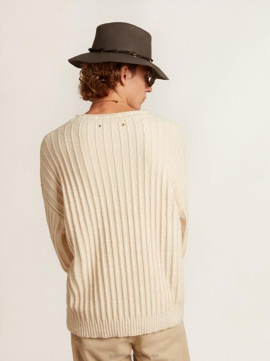 FDVPX792 Golden Goose hombres Jersey de cuello redondo en hilo de mezcla de algodón color papiro