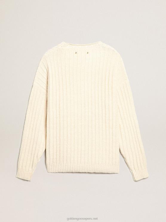 FDVPX792 Golden Goose hombres Jersey de cuello redondo en hilo de mezcla de algodón color papiro