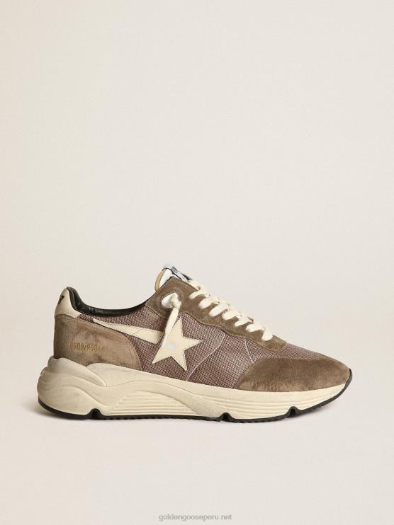 FDVPX568 Golden Goose hombres Zapatillas deportivas con suela de running de malla verde oliva y piel con estrella de piel color crema y refuerzo en el talón