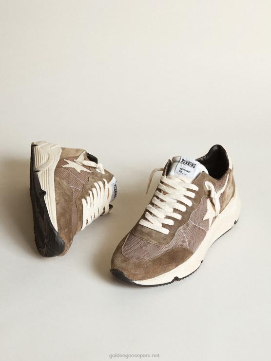 FDVPX568 Golden Goose hombres Zapatillas deportivas con suela de running de malla verde oliva y piel con estrella de piel color crema y refuerzo en el talón