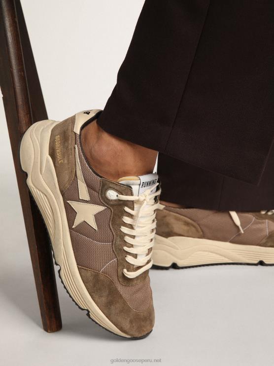 FDVPX568 Golden Goose hombres Zapatillas deportivas con suela de running de malla verde oliva y piel con estrella de piel color crema y refuerzo en el talón