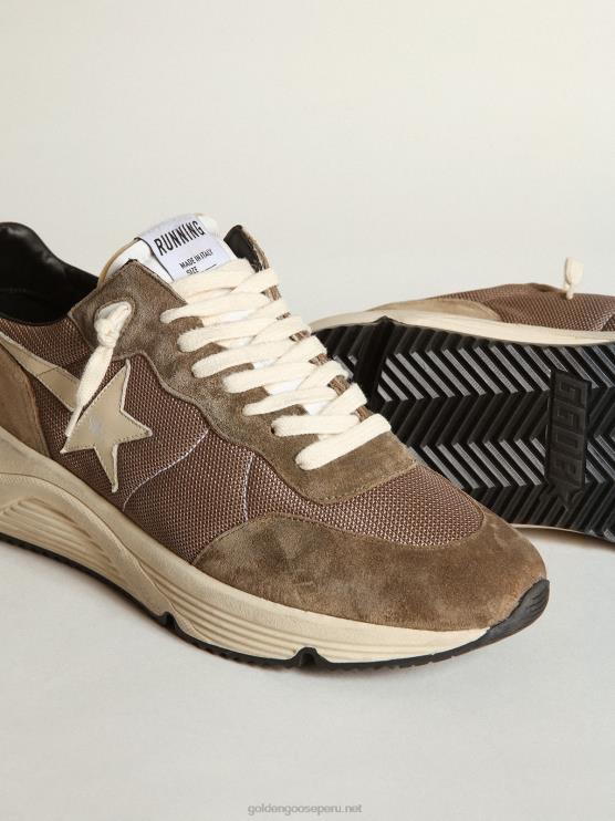 FDVPX568 Golden Goose hombres Zapatillas deportivas con suela de running de malla verde oliva y piel con estrella de piel color crema y refuerzo en el talón