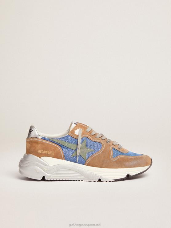 FDVPX572 Golden Goose hombres Deportivas suela running de malla azul claro con inserciones de ante color tabaco y estrella de ante verde militar