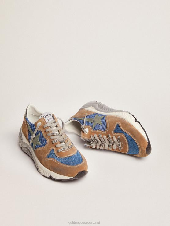 FDVPX572 Golden Goose hombres Deportivas suela running de malla azul claro con inserciones de ante color tabaco y estrella de ante verde militar