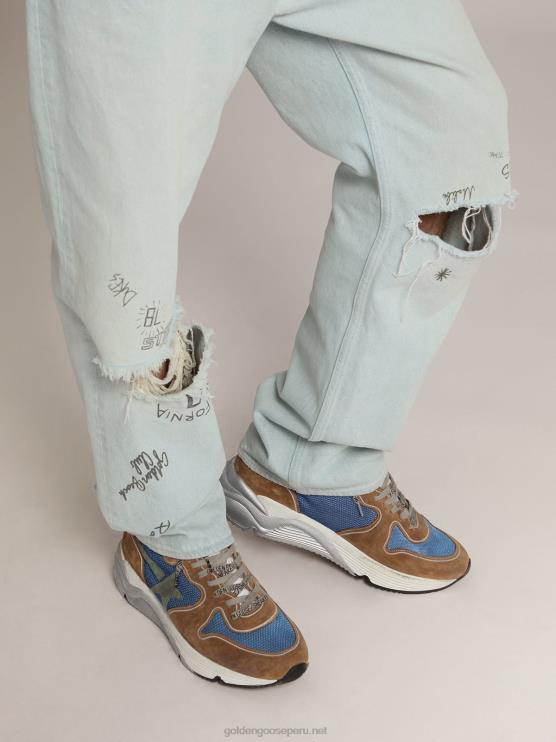 FDVPX572 Golden Goose hombres Deportivas suela running de malla azul claro con inserciones de ante color tabaco y estrella de ante verde militar
