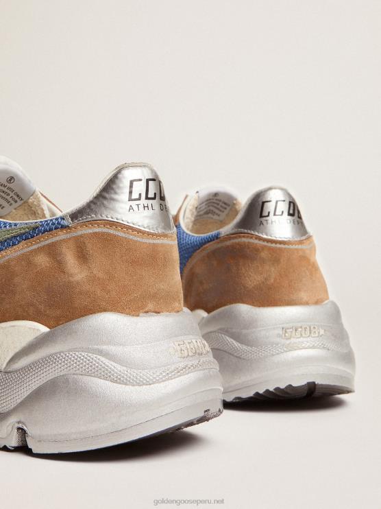 FDVPX572 Golden Goose hombres Deportivas suela running de malla azul claro con inserciones de ante color tabaco y estrella de ante verde militar