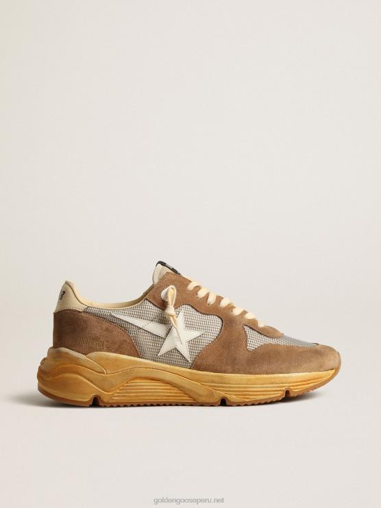 FDVPX617 Golden Goose hombres suela de running de malla plateada y ante tabaco con estrella blanca