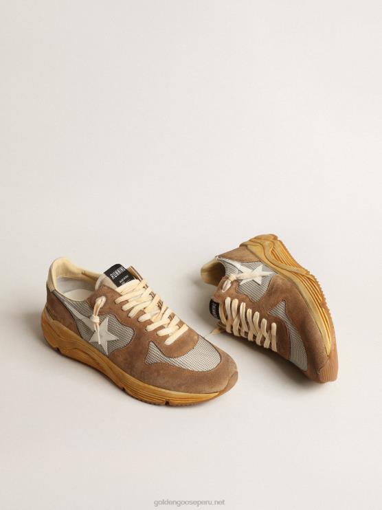 FDVPX617 Golden Goose hombres suela de running de malla plateada y ante tabaco con estrella blanca