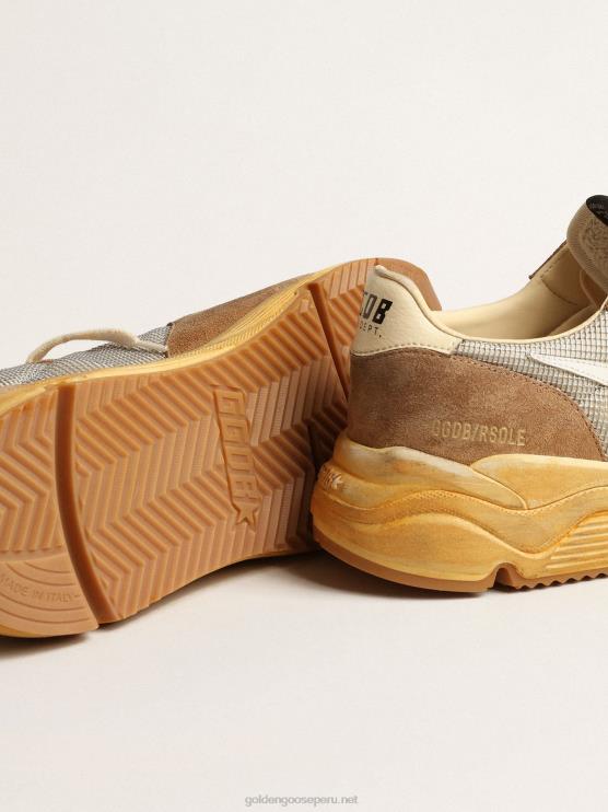 FDVPX617 Golden Goose hombres suela de running de malla plateada y ante tabaco con estrella blanca