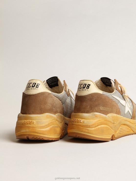 FDVPX617 Golden Goose hombres suela de running de malla plateada y ante tabaco con estrella blanca