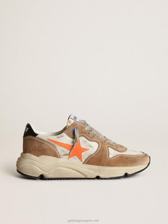 FDVPX678 Golden Goose hombres Zapatillas deportivas running sole ltd de piel blanco brillo y ante color tabaco con estrella de piel naranja flúor
