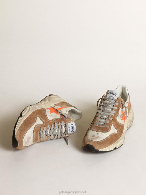 FDVPX678 Golden Goose hombres Zapatillas deportivas running sole ltd de piel blanco brillo y ante color tabaco con estrella de piel naranja flúor
