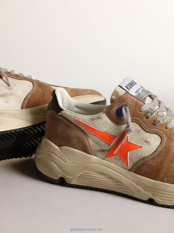 FDVPX678 Golden Goose hombres Zapatillas deportivas running sole ltd de piel blanco brillo y ante color tabaco con estrella de piel naranja flúor