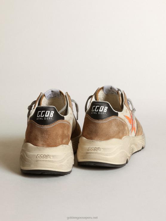 FDVPX678 Golden Goose hombres Zapatillas deportivas running sole ltd de piel blanco brillo y ante color tabaco con estrella de piel naranja flúor