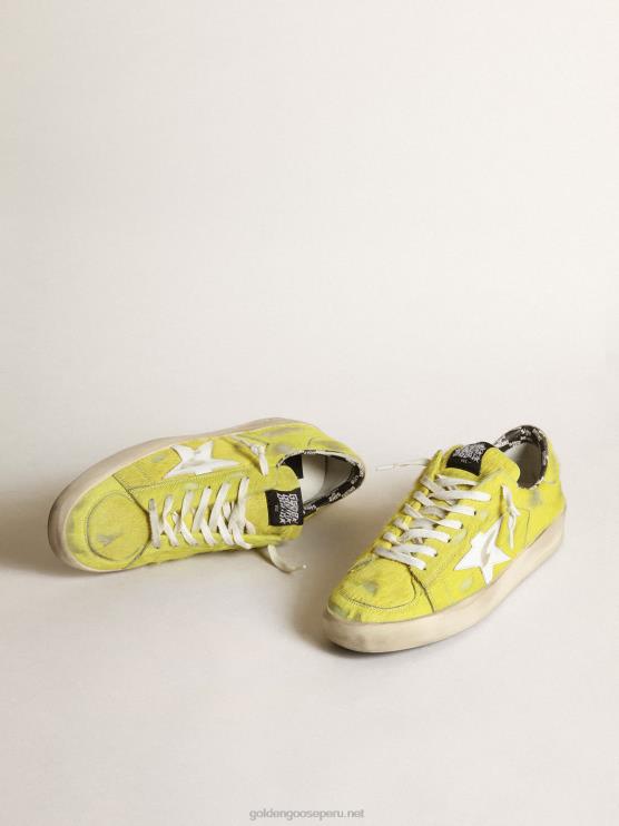 FDVPX532 Golden Goose hombres zapatillas stardan de piel de potro amarillo flúor con estrella de piel blanca