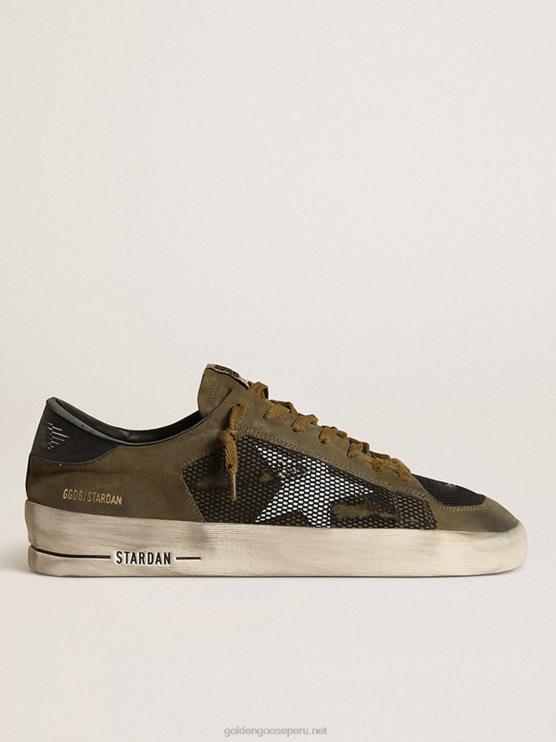 FDVPX650 Golden Goose hombres zapatillas stardan de nubuck verde militar y malla negra con estrella de piel blanca