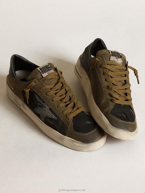 FDVPX650 Golden Goose hombres zapatillas stardan de nubuck verde militar y malla negra con estrella de piel blanca