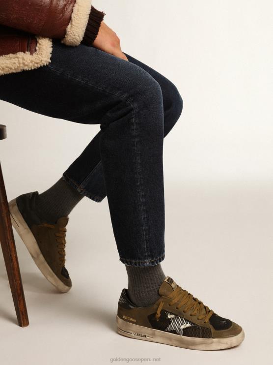 FDVPX650 Golden Goose hombres zapatillas stardan de nubuck verde militar y malla negra con estrella de piel blanca