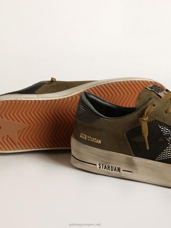 FDVPX650 Golden Goose hombres zapatillas stardan de nubuck verde militar y malla negra con estrella de piel blanca