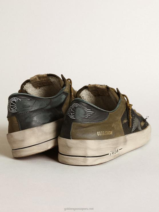FDVPX650 Golden Goose hombres zapatillas stardan de nubuck verde militar y malla negra con estrella de piel blanca