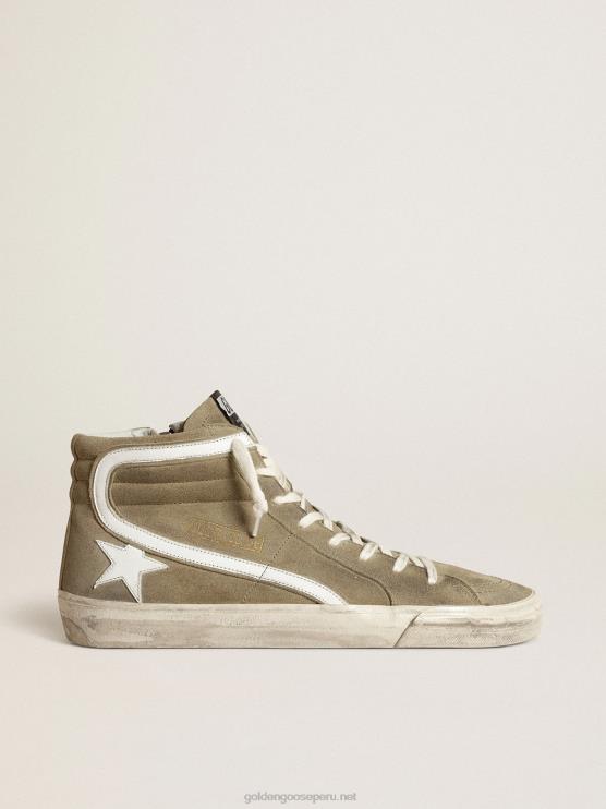 FDVPX534 Golden Goose hombres zapatillas deportivas slide de ante verde militar con estrella y flash de piel blanca