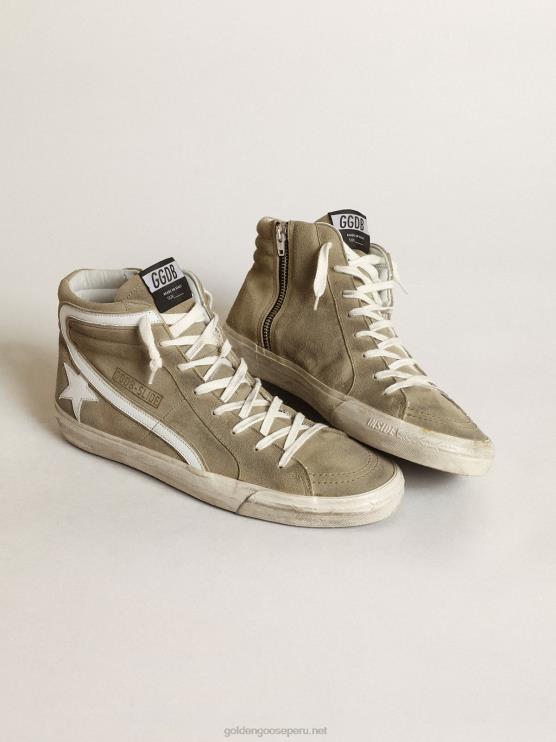 FDVPX534 Golden Goose hombres zapatillas deportivas slide de ante verde militar con estrella y flash de piel blanca