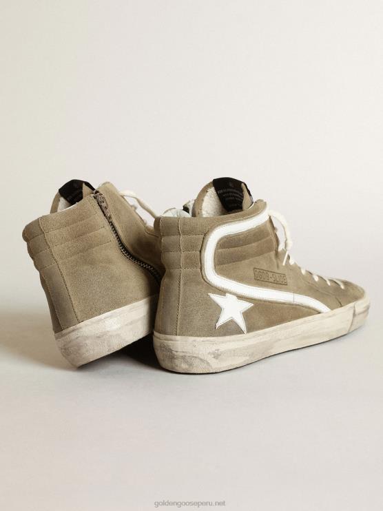 FDVPX534 Golden Goose hombres zapatillas deportivas slide de ante verde militar con estrella y flash de piel blanca