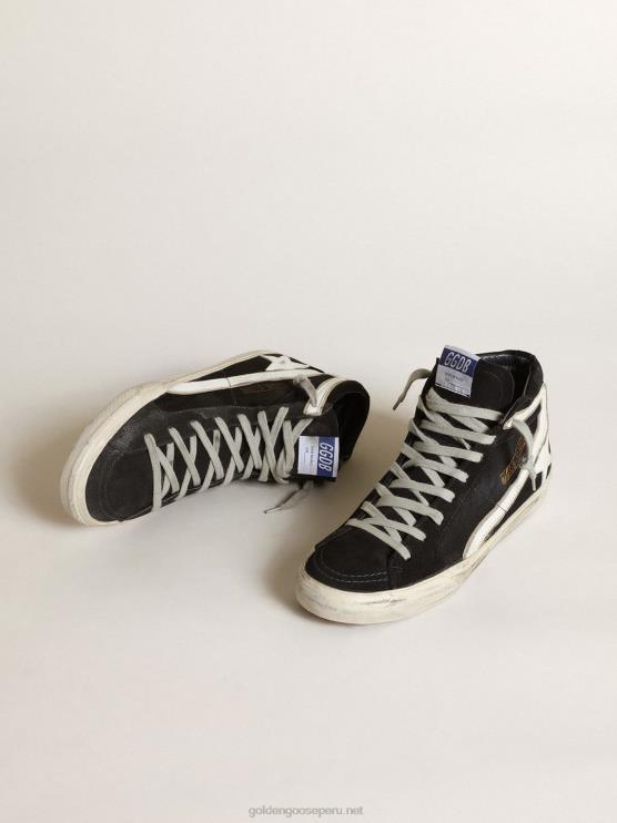 FDVPX554 Golden Goose hombres chanclas de denim azul marino con estrella y flash de piel blanca