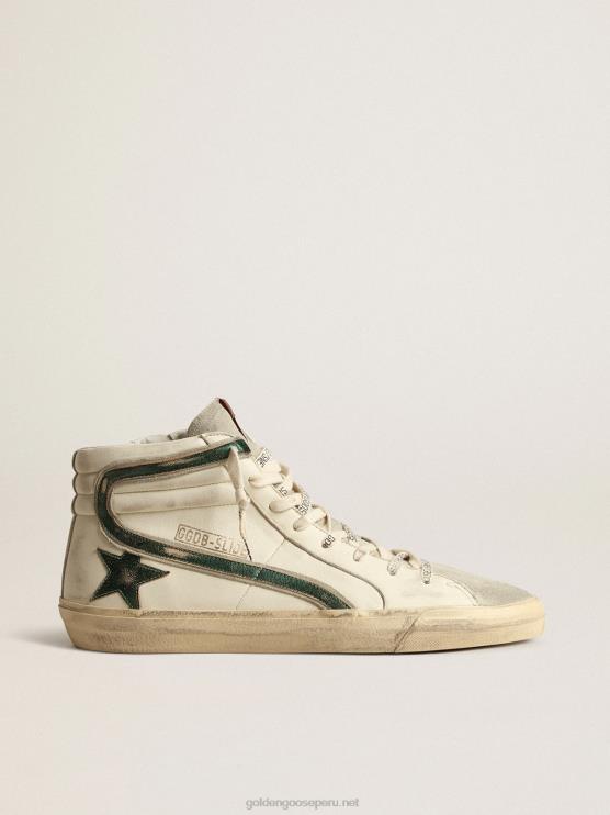 FDVPX620 Golden Goose hombres Chanclas de napa beige con estrella y flash de piel laminada verde