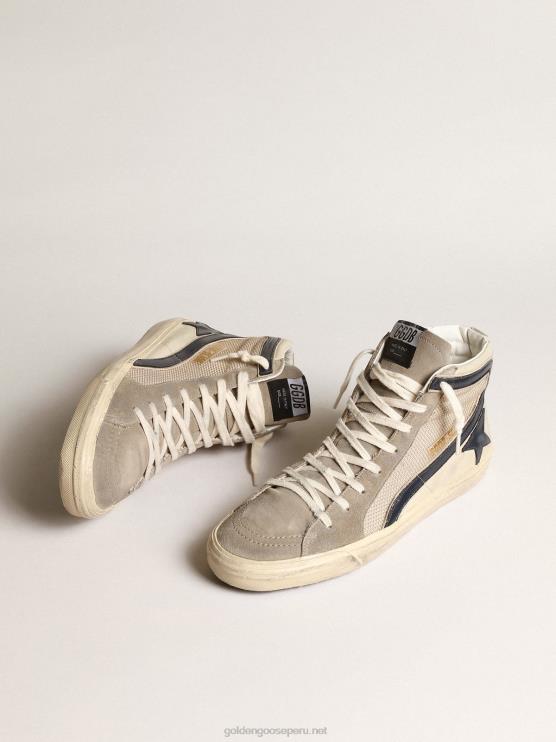 FDVPX645 Golden Goose hombres chanclas de malla beige y nailon con estrella y flash de piel azul