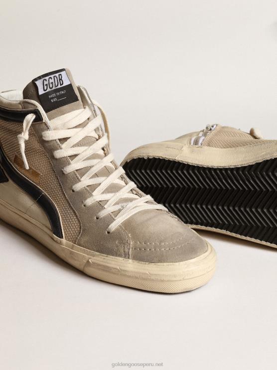 FDVPX645 Golden Goose hombres chanclas de malla beige y nailon con estrella y flash de piel azul