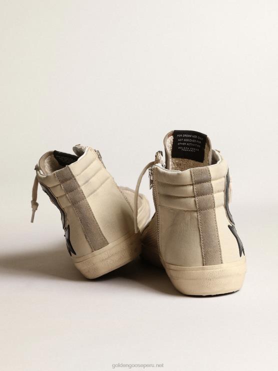 FDVPX645 Golden Goose hombres chanclas de malla beige y nailon con estrella y flash de piel azul