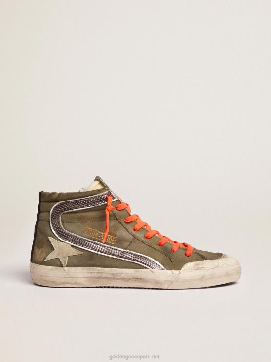 FDVPX662 Golden Goose hombres slide penstar de lona verde militar con estrella color hielo