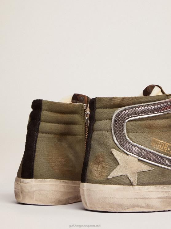 FDVPX662 Golden Goose hombres slide penstar de lona verde militar con estrella color hielo