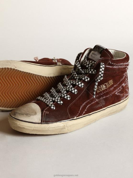 FDVPX677 Golden Goose hombres zapatillas deportivas slide en ante color chocolate con pespuntes blancos en la estrella y flash
