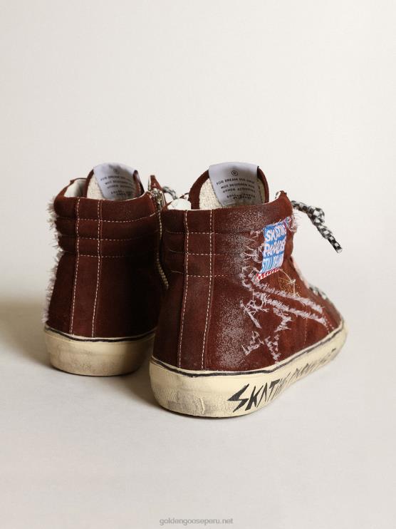 FDVPX677 Golden Goose hombres zapatillas deportivas slide en ante color chocolate con pespuntes blancos en la estrella y flash