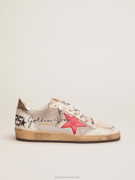 FDVPX520 Golden Goose hombres zapatillas deportivas ball star de malla plateada clara con estrella de piel roja