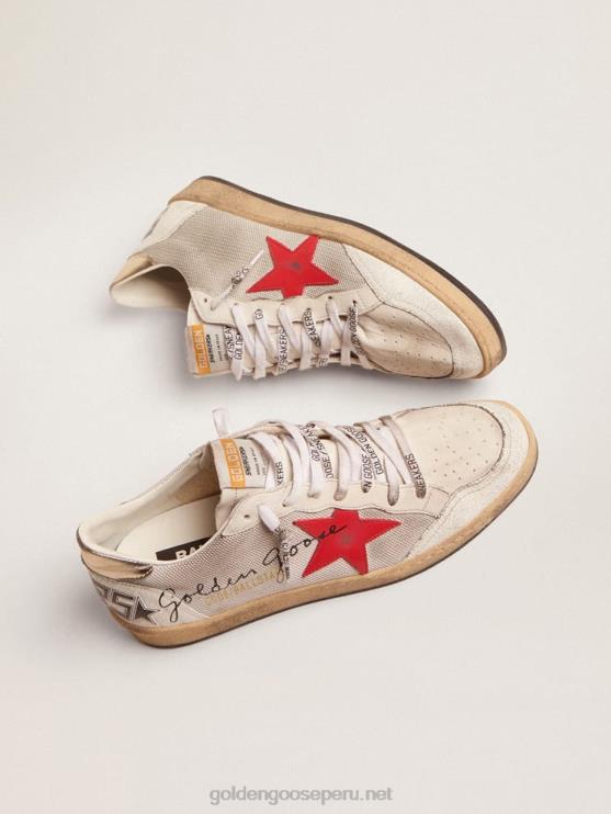 FDVPX520 Golden Goose hombres zapatillas deportivas ball star de malla plateada clara con estrella de piel roja