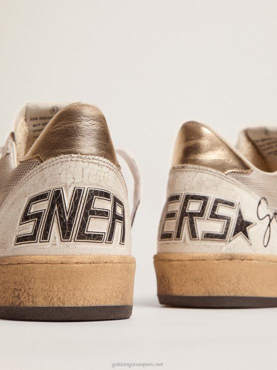 FDVPX520 Golden Goose hombres zapatillas deportivas ball star de malla plateada clara con estrella de piel roja