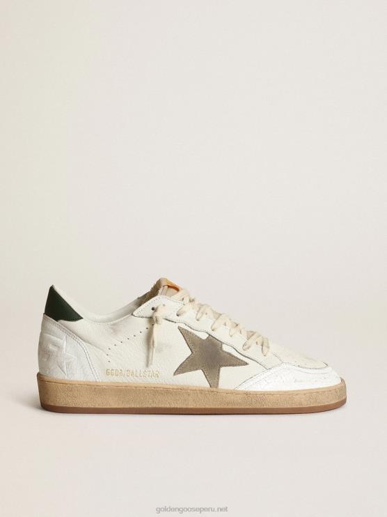 FDVPX529 Golden Goose hombres Zapatillas Ball Star de napa blanca con estrella de ante gris tórtola y refuerzo del talón de piel verde oscuro