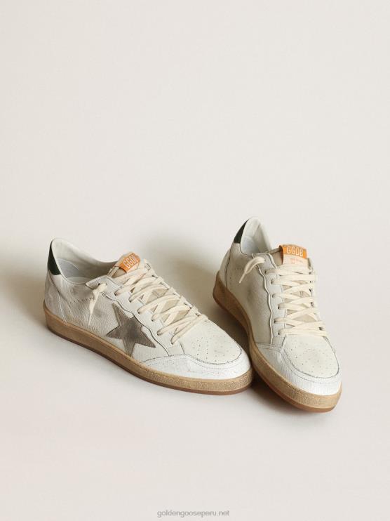 FDVPX529 Golden Goose hombres Zapatillas Ball Star de napa blanca con estrella de ante gris tórtola y refuerzo del talón de piel verde oscuro