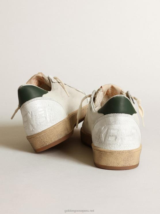 FDVPX529 Golden Goose hombres Zapatillas Ball Star de napa blanca con estrella de ante gris tórtola y refuerzo del talón de piel verde oscuro