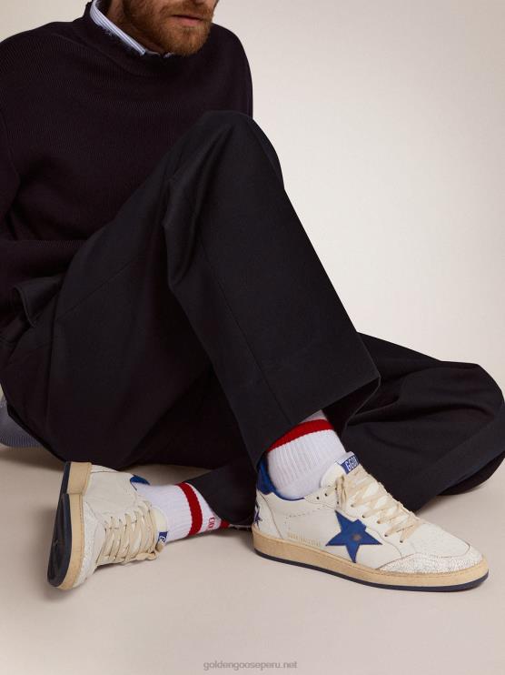 FDVPX547 Golden Goose hombres Zapatillas Ball Star de napa blanca con estrella de cuero laminado azul claro y refuerzo en el talón